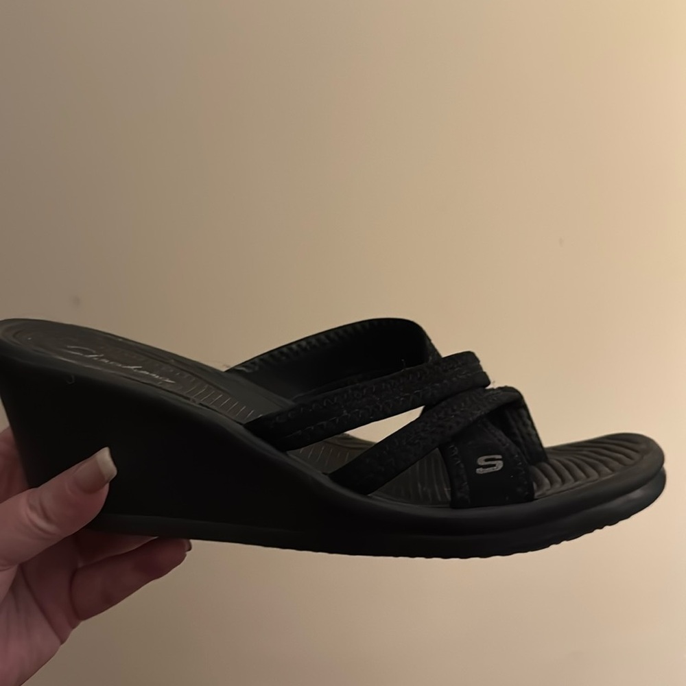 Sketchers Black Wedge Sandals, Size 9